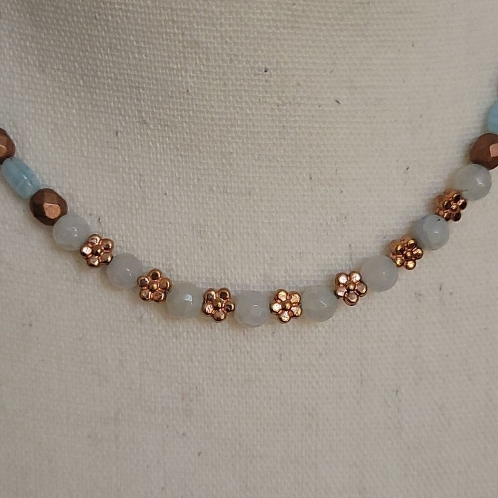 Handmade Icy Blue Czech Glass Quartz and Copper Floral Beaded Necklace - Picture 2 of 5
